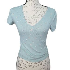 Pink Rose Women's Size Small Blue Floral Print Soft Ribbed Wrap Style Crop Top